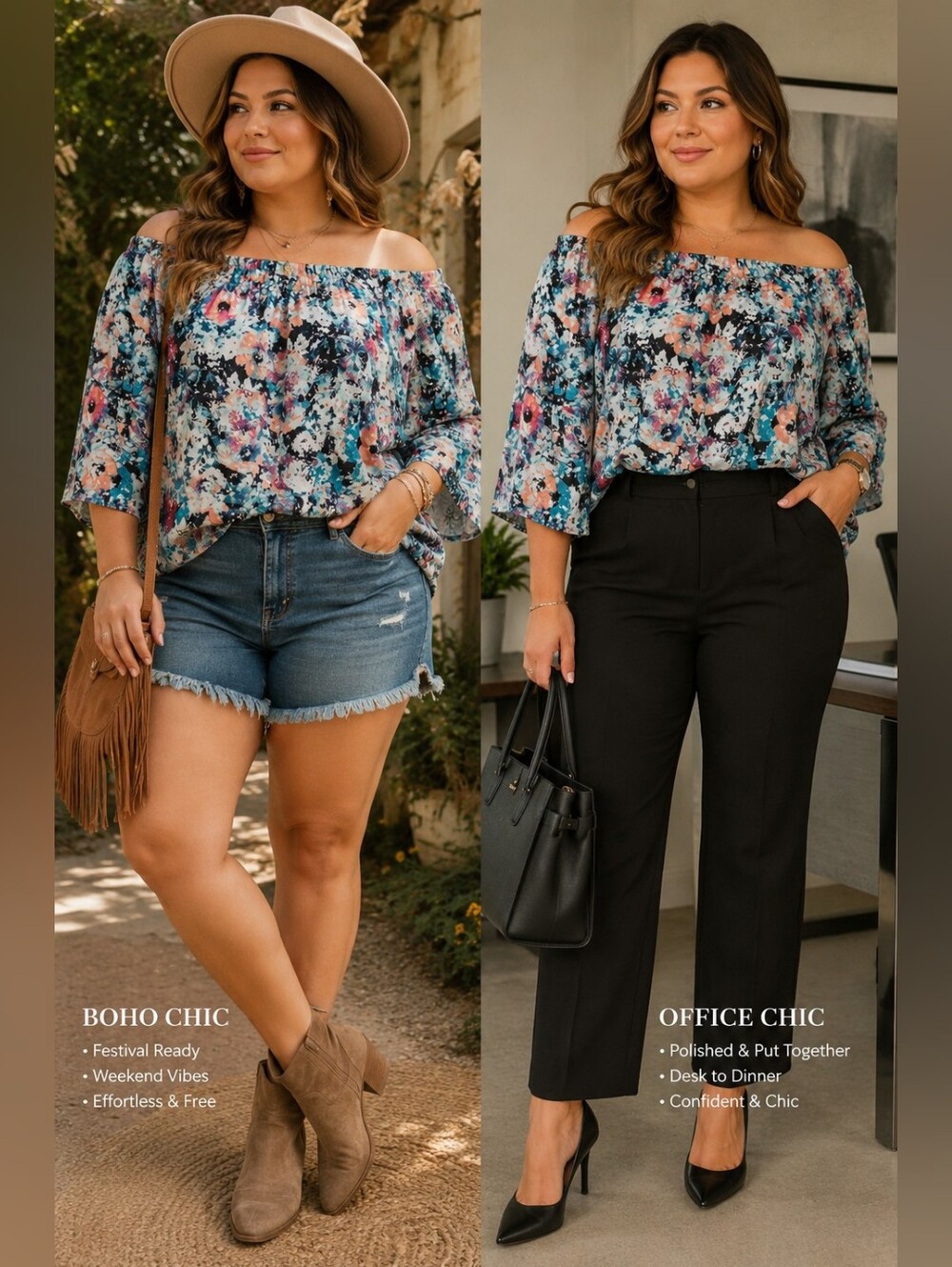 Boutique Floral On or Off Shoulder Blouse – Size 2X Multicolor Peasant Top